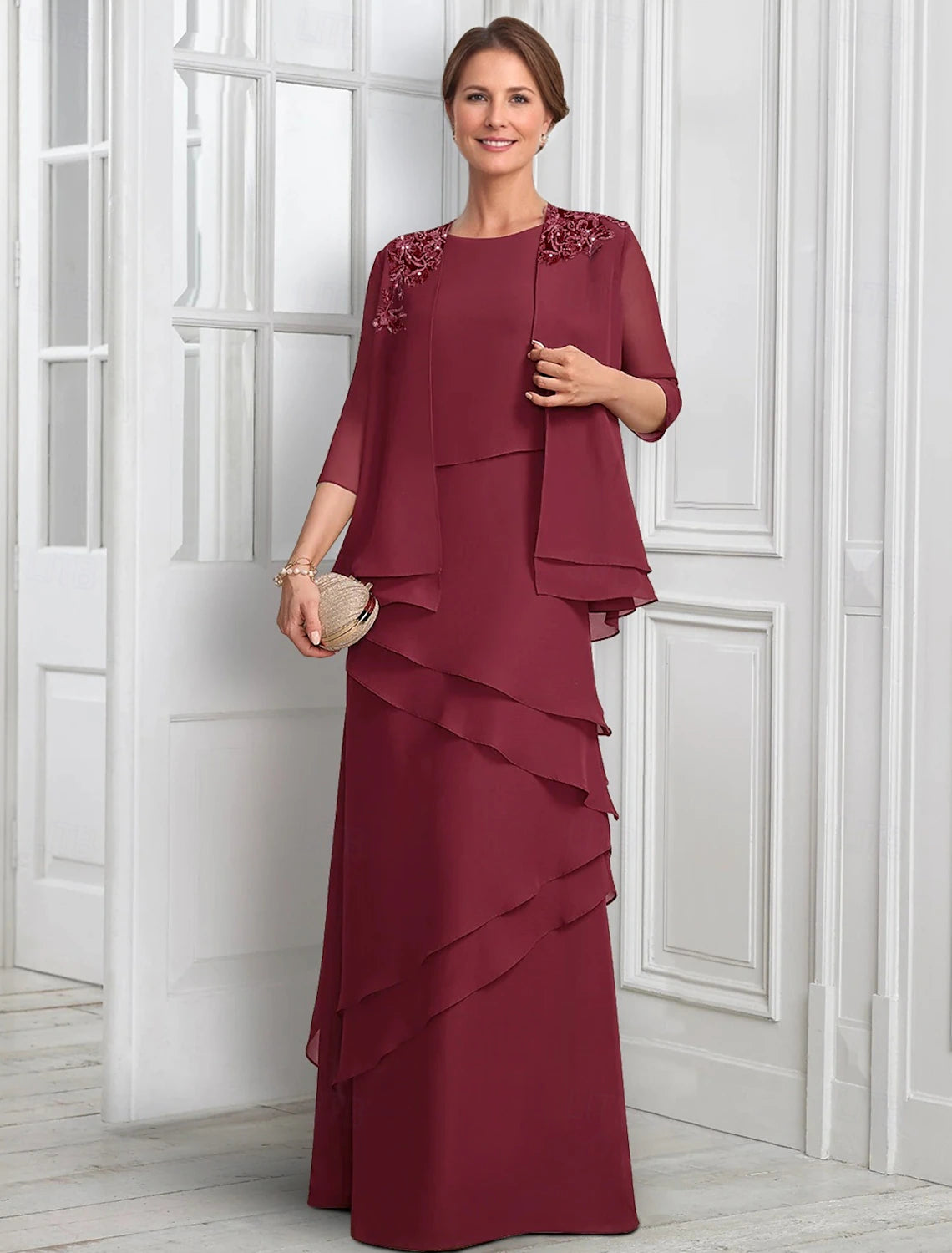 Buyishang Two Piece A-Line Dress Suit Mother of the Bride Dress Elegant Sparkle & Shine Jewel Neck Floor Length Chiffon Half Sleeve with Buttons Appliques Flower
